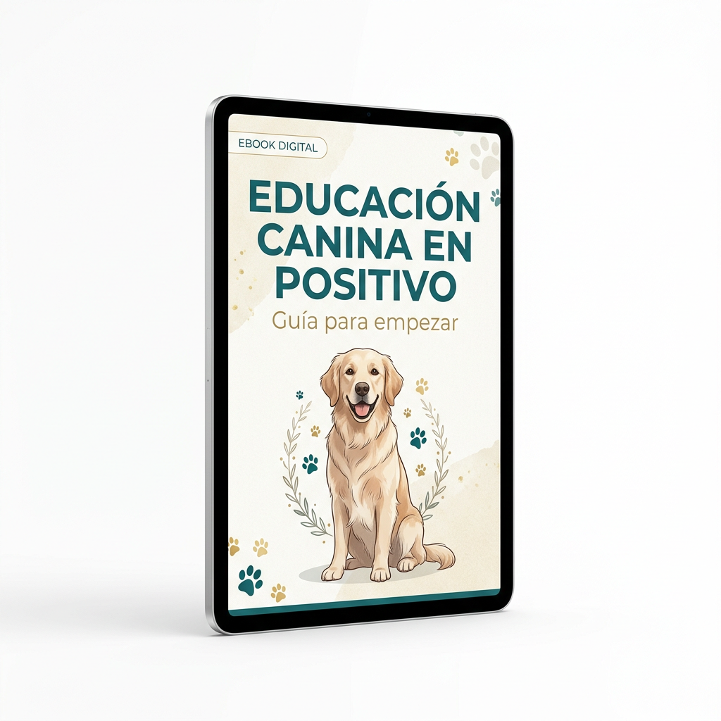Portada ilustrativa del ebook Educación canina en positivo en una tableta sobre fondo blanco